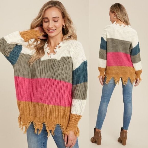 Clear Out‼️ V Neck Frayed Color Block Sweater Top - Picture 1 of 5